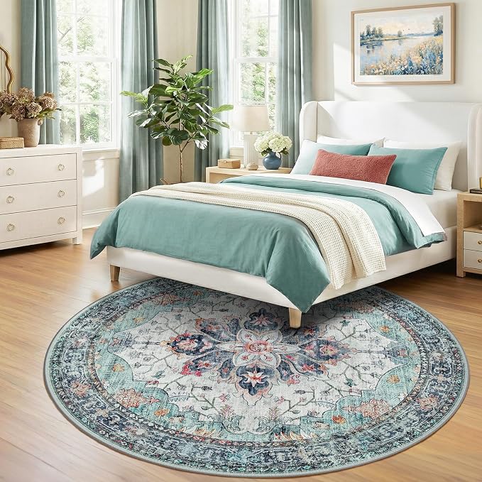 RELEANY Washable Area Rug, Round 8ft, Teal Green/White/Navy | Non-Slip - Image 3