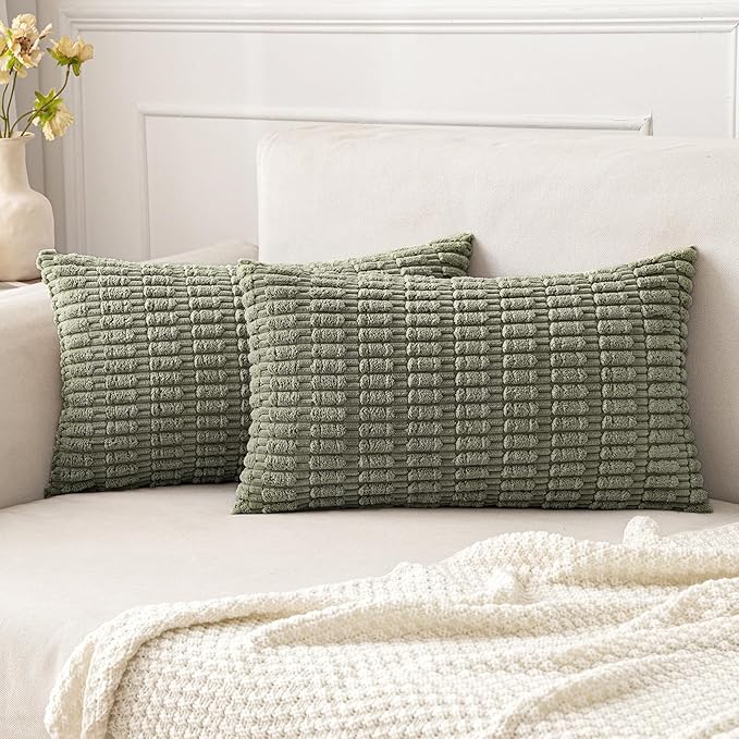 MIULEE Lumbar Corduroy Decorative Throw Pillow Covers 12x20 Light Olive | Green by MIULEE