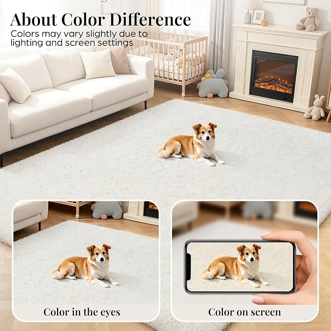 PLHXFR 9x12 Area Rugs Living Room: Fluffy Bedroom Rug Shag Carpet White | - Image 6