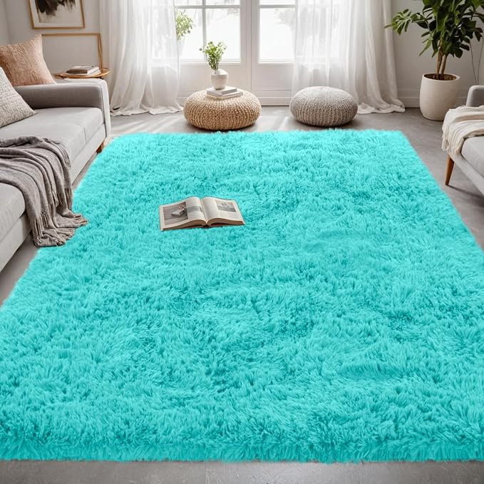 4x6 Fluffy Shag Area Rugs for Living Room Bedroom: Soft Carpet Teal Blue | - Image 3