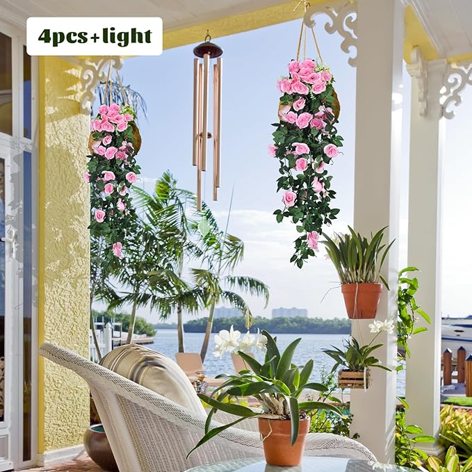 RECUTMS Hanging Flowers Artificial Rose Flower 2PCS 3.3Ft for Outdoors with 30 LED Fairy String Lights Fake Outdoor (Pink)
