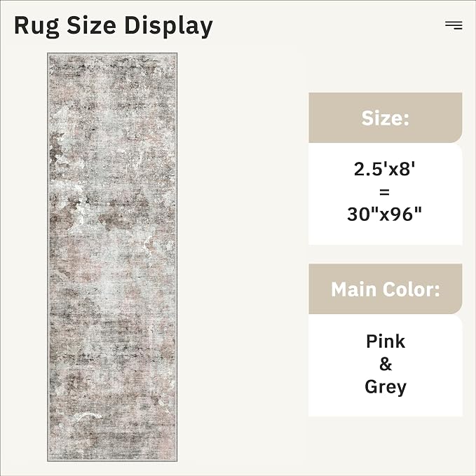 Soalmost Runner Rug 2'6"x8' Kitchen Hallway Runners Abstract Pink/Grey | - Image 5