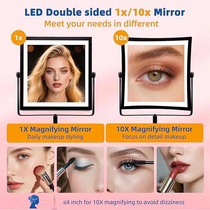 Ruacq Rechargeable Makeup Mirror, 4000mAh Lighted Makeup Mirror with Magnification 1X/10X, Height Adjustable Vanity Mirror with Lights, 3 Color Lights, Adjustable Brightness, (Oil Rubbed Bronze)