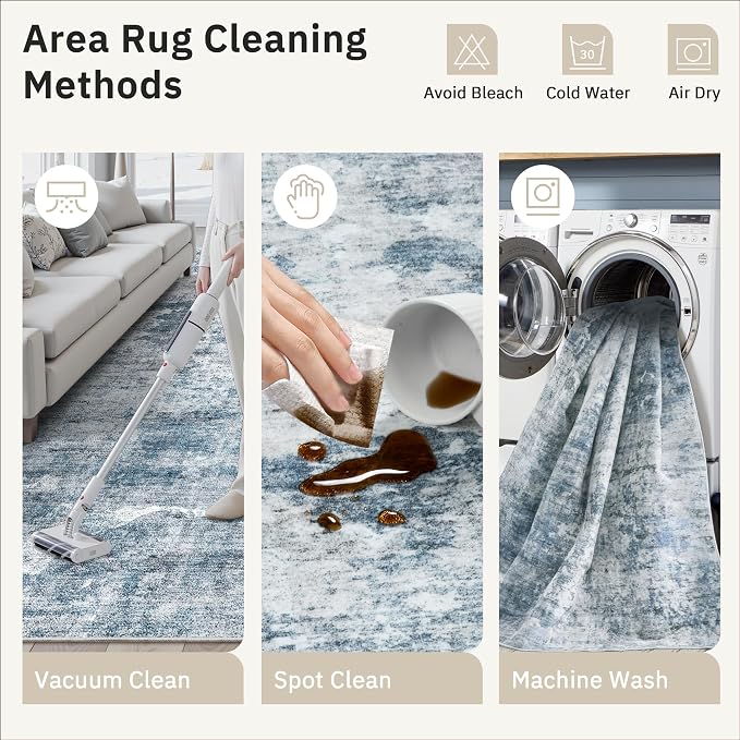 Soalmost Abstract Rug 8x10 Large Living Room Area Rugs Washable Blue/Grey | - Image 5