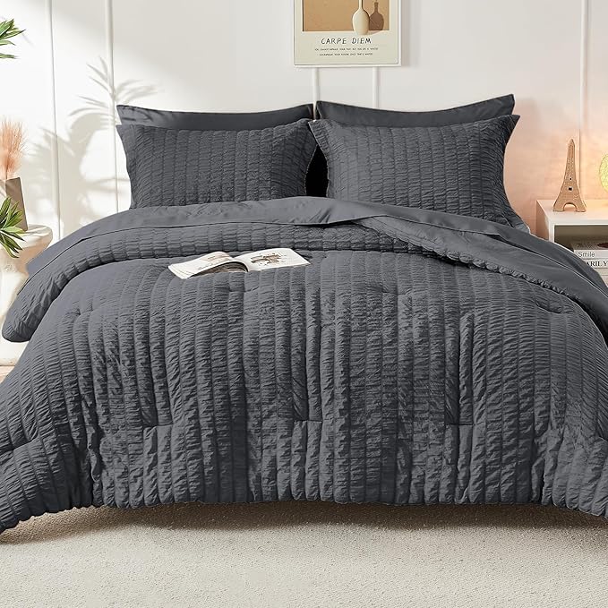HYMOKEGE 7 Piece King Size Comforter Set Seersucker, All Season Luxury Bed in a Bag for Bedroom, Bedding Set with Comforters, Sheets, Pillowcases & Shams, Dark Grey