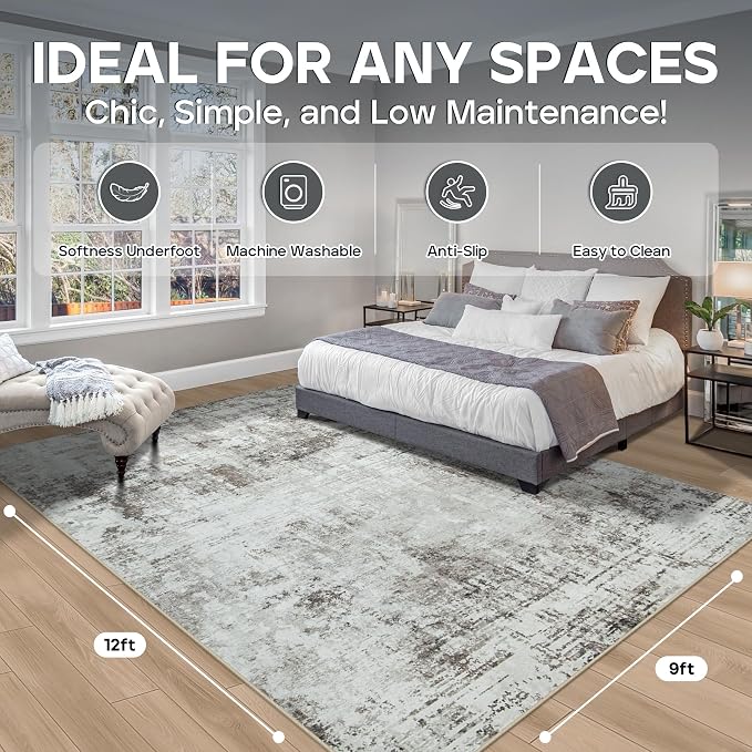 9x12 Area Rugs for Living Room Bedroom Dining Room Washable Brown Grey | Soft - Image 2