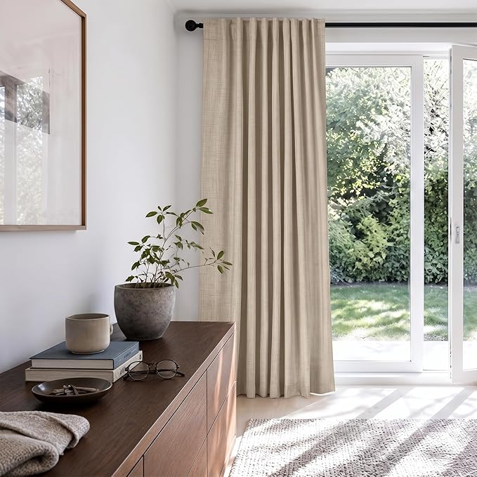 Linen Textured Total Blackout Sliding Door Curtains 84 Inches Long, Oatmeal | - Image 6