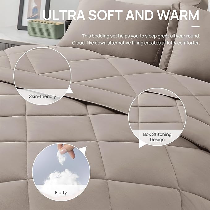 Love's cabin California King Comforter Set Burlwood, 7 Pieces California King Bed in a Bag, All Season Bedding Sets with 1 Comforter, 1 Flat Sheet, 1 Fitted Sheet, 2 Pillowcase and 2 Pillow Sham