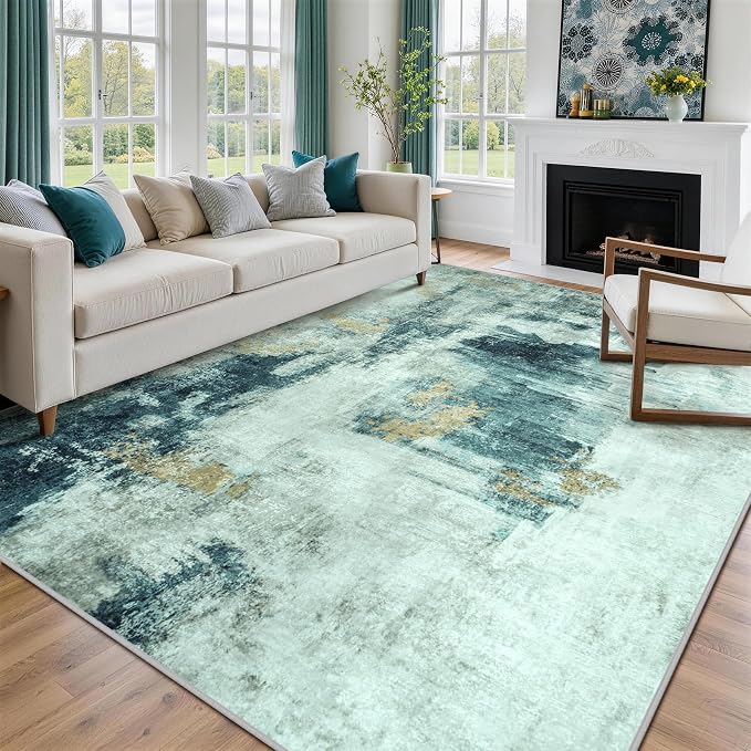 8x10 Area Rugs for Living Room Washable Bedroom Dining Room Teal Grey Gold | - Image 9