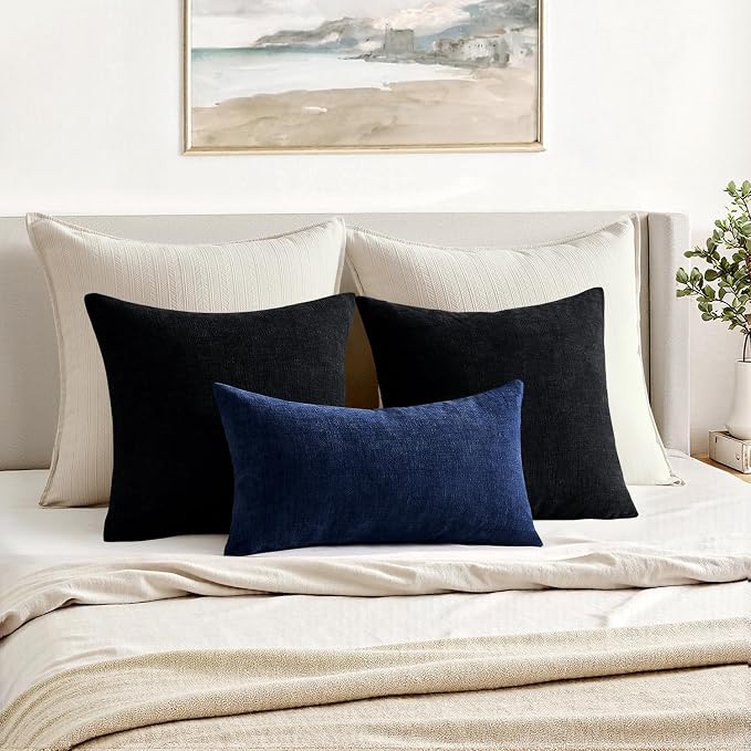 MIULEE Navy Chenille Couch Lumbar Throw Pillow Covers, 12x20 | Set of 2 - Image 4