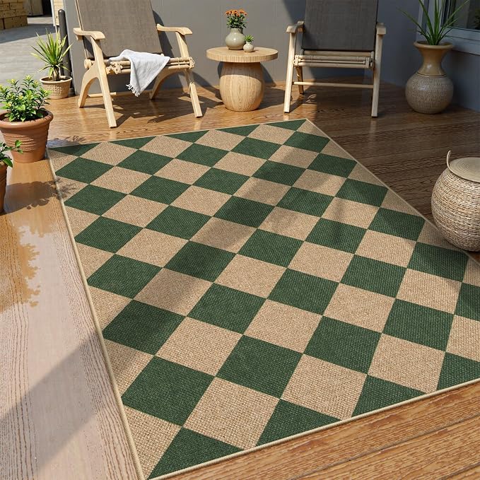 Lahome Checkered Easy Jute 3x5 Outdoor Patio Rug, Washable Rugs Green | Front - Image 2