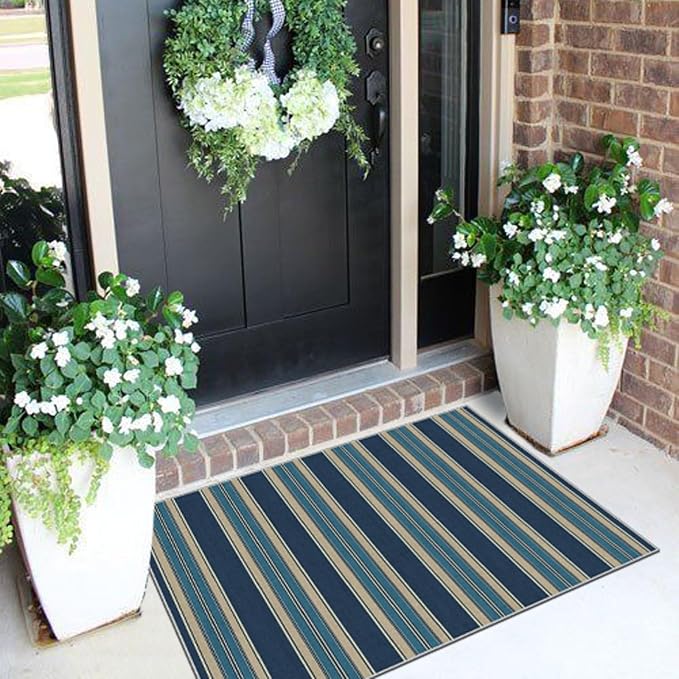 Front Door Mat Outside Entrance, 2x3 Navy Blue Coastal Striped Rug | Non-Slip - Image 3