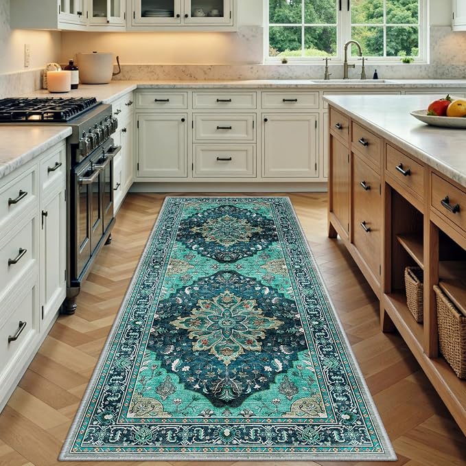 RELEANY Washable Area Rug, Runner 3'x8', Teal | Non-Slip, Water Repellent by RELEANY