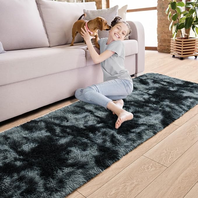 2x6 Tie-Dyed Black and Grey Fluffy Runner Rug Non-Slip - Image 2