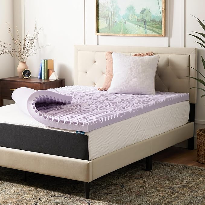 LUCID Lavender Infused 3 Inch Memory Foam Mattress Topper with 5 Zones – King Size – Plush Feel – CertiPUR Certified – Dorm Room Essentials
