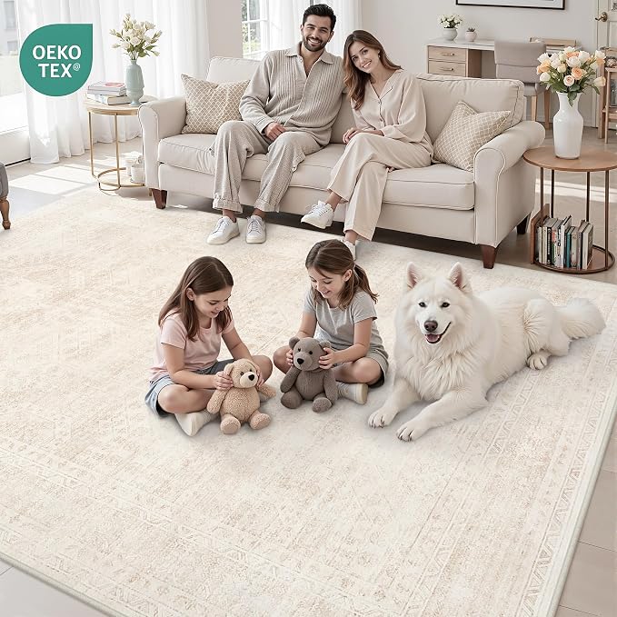 5x7 Area Rugs Living Room: Bedroom Neutral Washable Carpet Beige | Large - Image 8