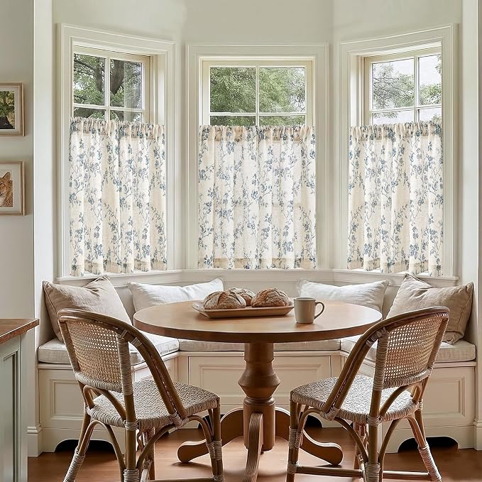 Blue on Beige Linen Kitchen Curtains Rod Pocket 26W X 36L 2 Panels | Elisa - Image 3