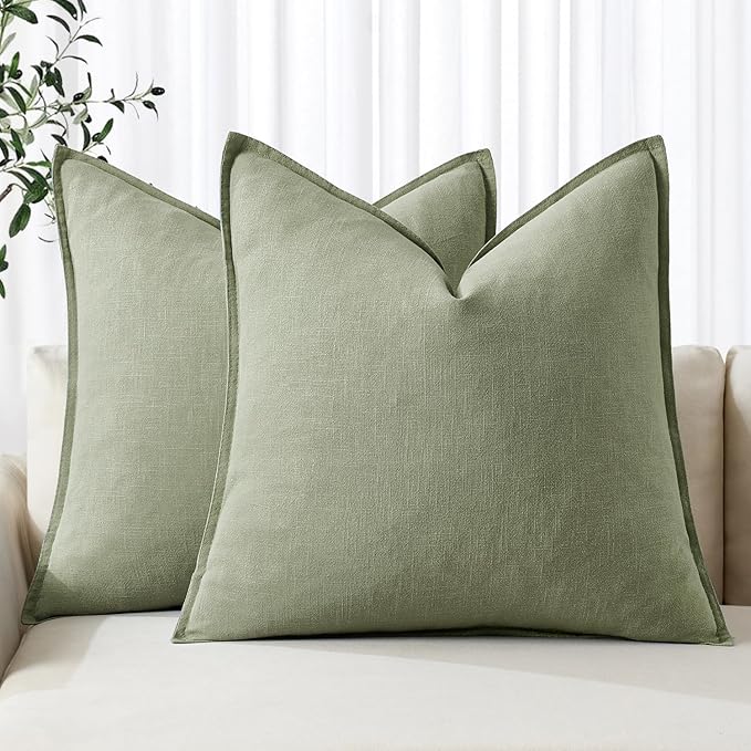 MIULEE Decorative Linen Euro Sham Pillow Covers 22x22 Inch Sage Green | Boho by MIULEE