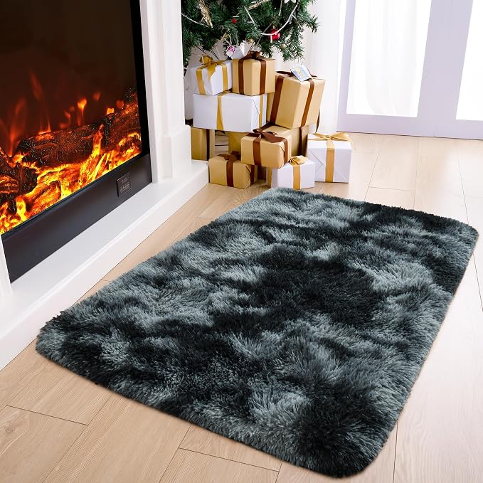 2x3 Tie-Dyed Black and Grey Fluffy Area Rug Non-Slip - Image 2
