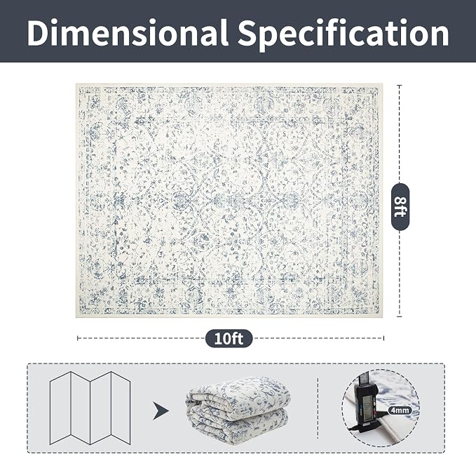 8x10 Boho Washable Area Rug for Living Room, Dining Room-White Blue | Ultra - Image 2