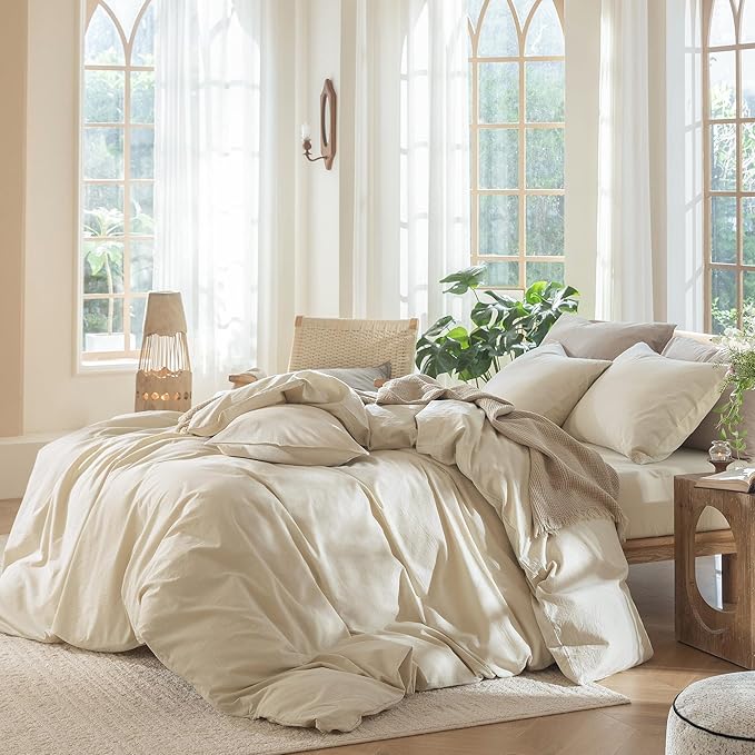 MooMee Bedding Duvet Cover Set 100% Washed Cotton Linen Like Textured Breathable Durable Soft Comfy (Heathered Almond Milk Grey, Oversized Queen 98"x98")
