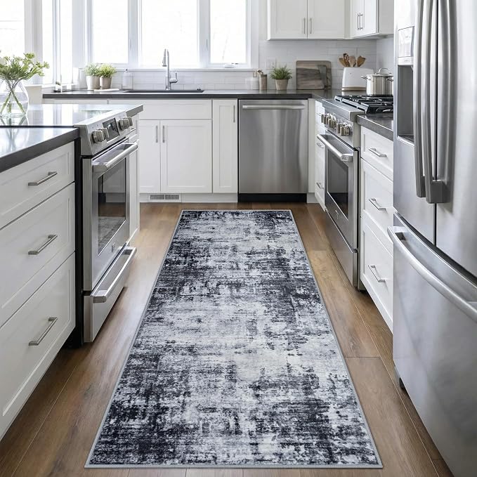 2.6x8 Washable Runner Rug：Modern Abstract Soft Carpet Dark Black | by FXRHLP