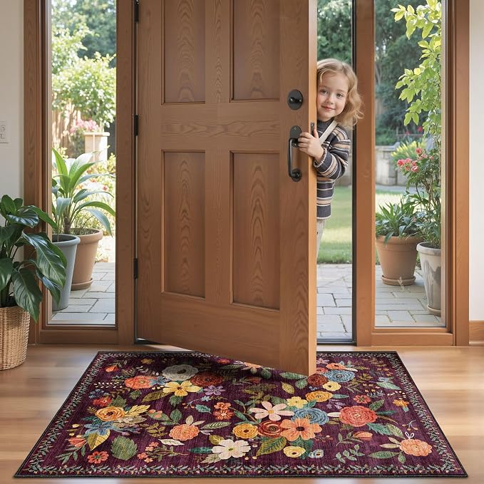 Purple Floral Hallway Runner Rug 2x4 - Image 2