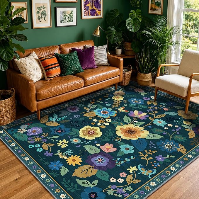 RELEANY Floral Washable 5x7 Area Rugs Teal/Purple | Flower Carpet Print Boho by RELEANY