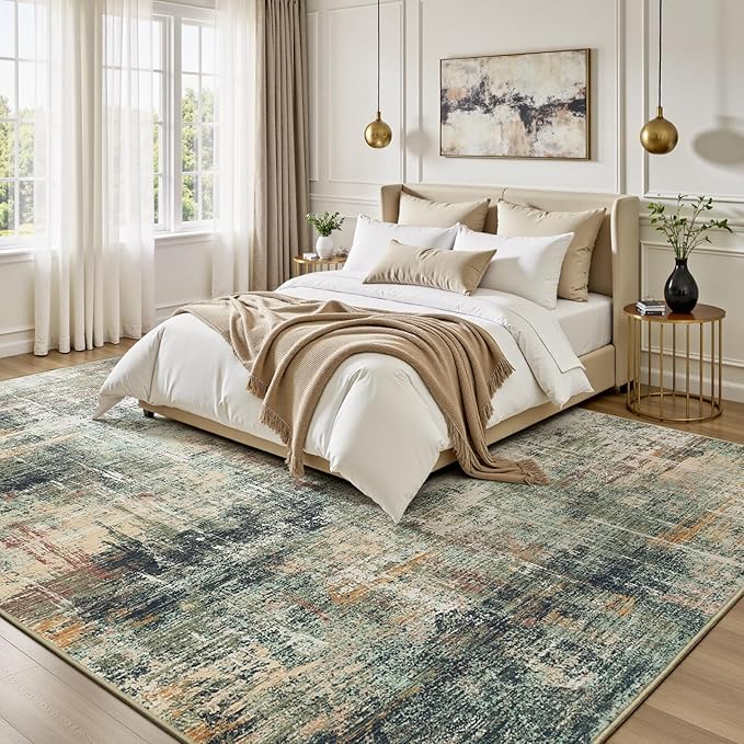 9x12 Area Rug for Living Room, Abstract Washable Large Rugs, Coffee/Green | - Image 2