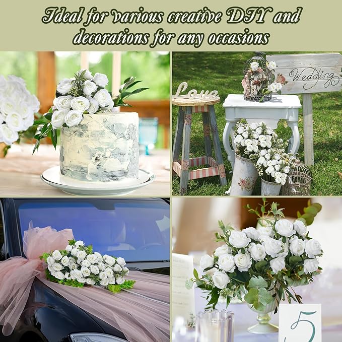 Zeyune 16 Bunches 12 Inch Artificial Mini Rose Bouquet 160 Heads Bridal Flower Bouquets Fake Silk Rose Bulk for Wedding Bridal Shower Christmas Home Office Garden Decoration(White)