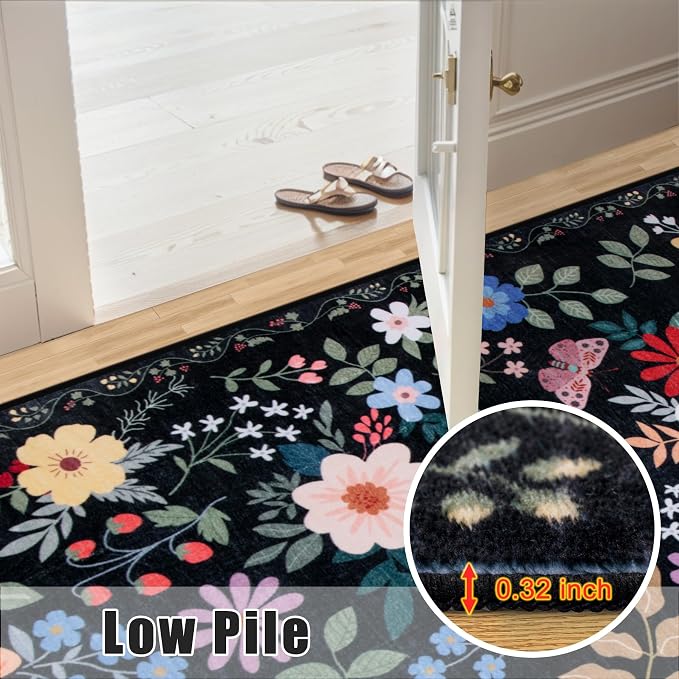 PLHXFR 2.6x8 Washable Runner Rug：Floral Indoor Kitchen Soft Carpet Black | - Image 9