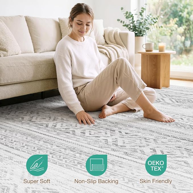 cotiled Boho 9x12 Area Rug for Living Room: Large Moroccan Washable Rug | Stain - Image 3