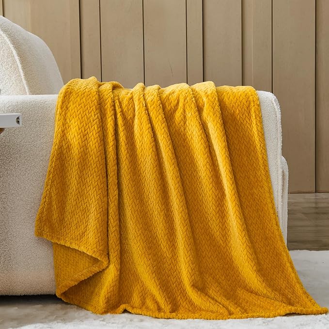 NEWCOSPLAY Super Soft King Blanket Mustard Yellow Premium Silky Flannel Fleece Leaves Pattern Lightweight Bed Blanket All Season Use (Mustard Yellow, King(90"x110"))