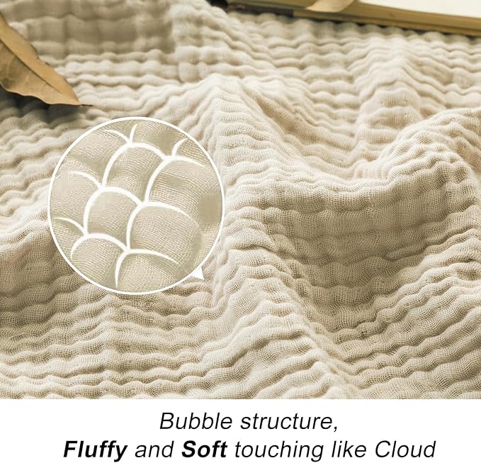 EMME Cotton Blanket King Size for Bed Soft Muslin Blankets 108"x90" Beige - Image 4