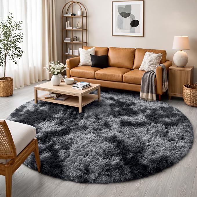Amdrebio Tie-Dyed Dark Grey Round Circle Rug 8Ft by Amdrebio