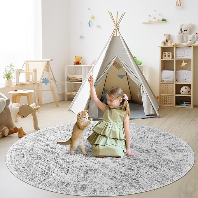 Soalmost 6x6 Grey Round Rug 6ft Circle Living Room Area Rugs Non-Slip | - Image 3