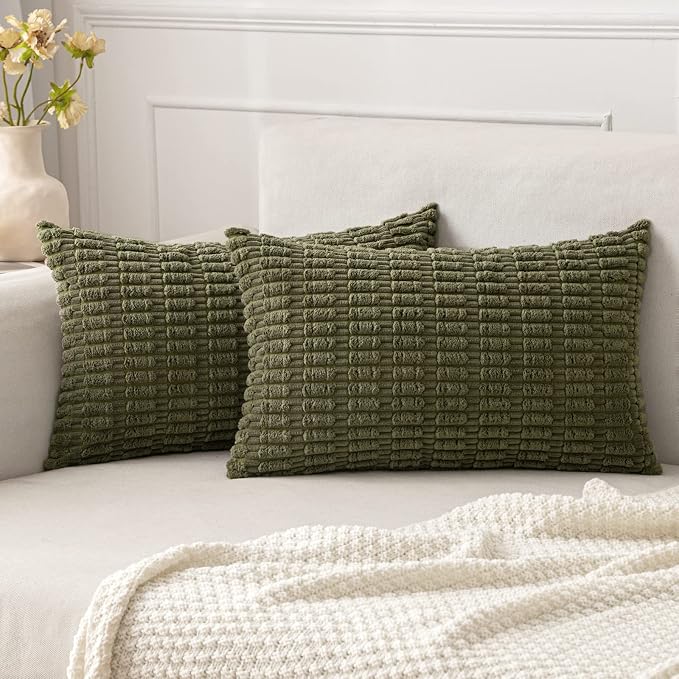 MIULEE Lumbar Corduroy Decorative Throw Pillow Covers 12x20 Olive Green | Pack by MIULEE