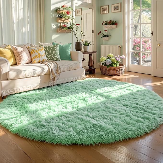 Amdrebio Sage Green Shag Round Circle Area Rug 6Ft - Image 3