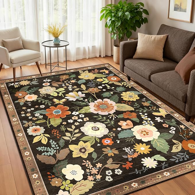 RELEANY Floral Washable 4x6 Area Rugs Black/Yellow | Flower Carpet Print Boho - Image 8