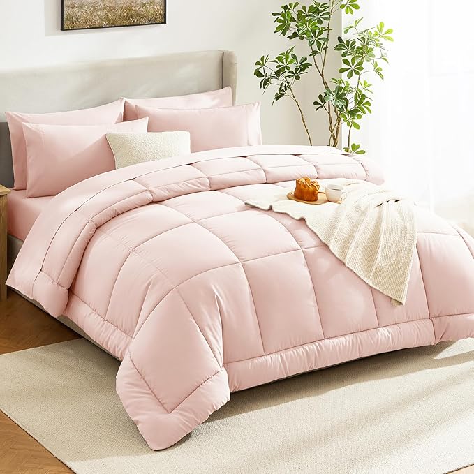 CozyLux King Size Comforter Set Blush Pink, 7 Pieces Bed in a Bag, Pink Comforter King Size, All Season Bedding Sets with Stitch Quilted Comforter, Flat Sheet, Fitted Sheet, Pillowcases