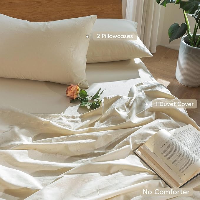 MooMee Bedding Duvet Cover Set 100% Washed Cotton Linen Like Textured Breathable Durable Soft Comfy (Heathered Almond Milk Grey, Oversized Queen 98"x98")