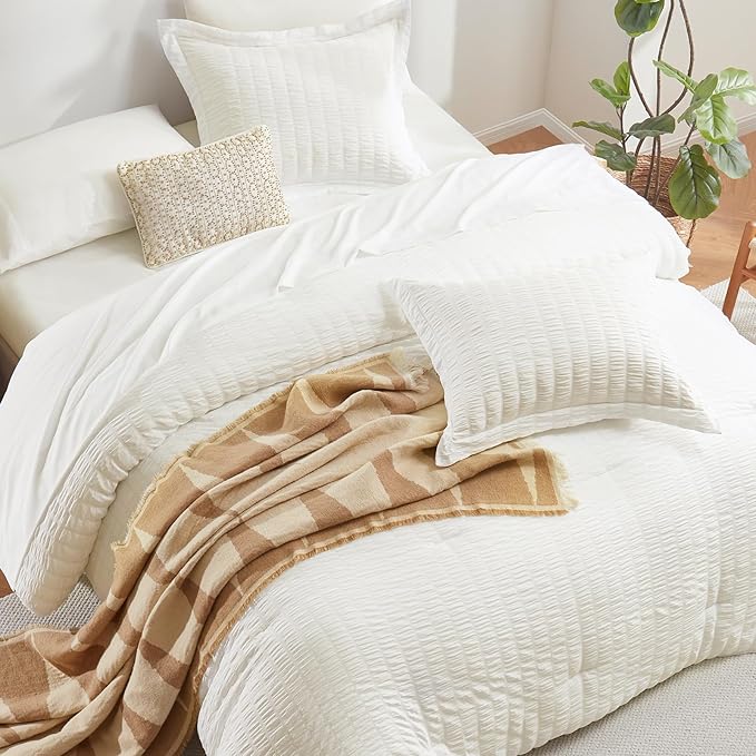 CozyLux Full Size Comforter Sets with Sheets Seersucker 7 Pieces Ivory Bed in a Bag Textured Luxury Soft Bedding Set with Down Alternative Comforter, Sheets, Pillowcases & Shams for All Seasons