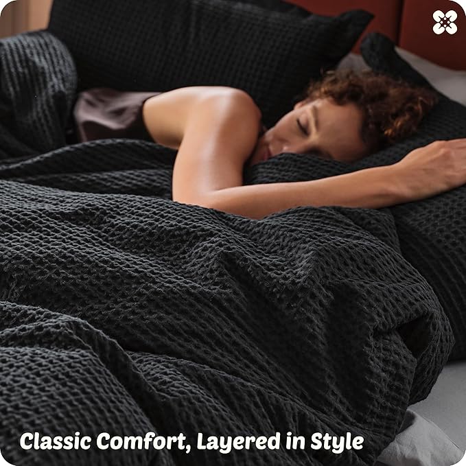 Bedsure Cotton Duvet Cover King - 100% Cotton Waffle Weave Black Duvet Cover King Size, GentleSoft™ and Breathable Bedding Set for All Season, 3 Pieces, 104"x90"