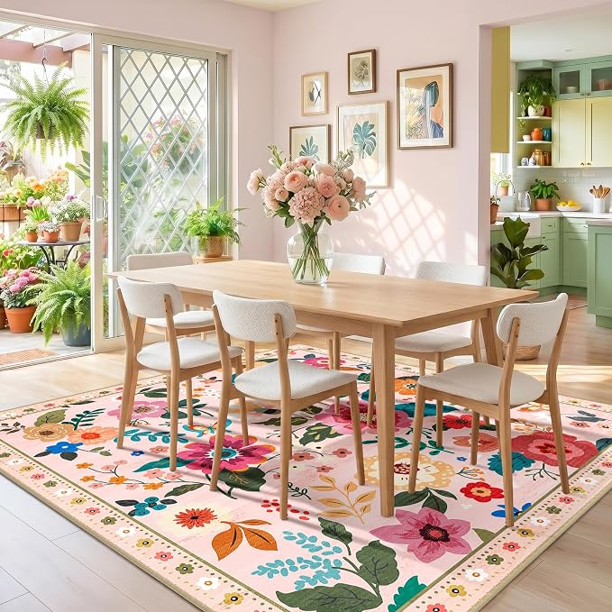 RELEANY Floral Washable Square 8ft Area Rug Pink | Flower Carpet Print Boho - Image 7
