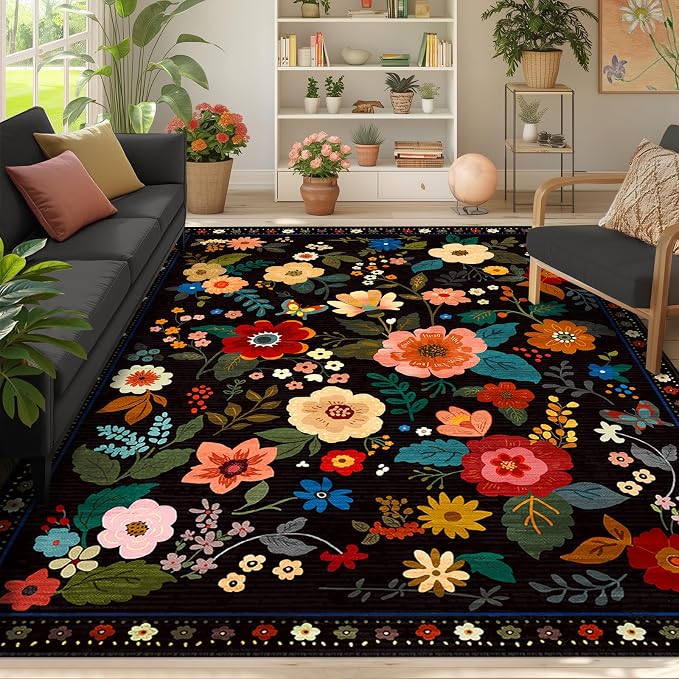 RELEANY Floral Washable 9x12 Area Rugs Black | Flower Carpet Print Boho Cute - Image 8