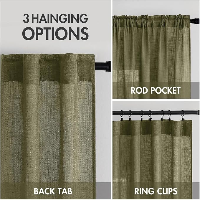 MIULEE Light Olive Green Linen Curtains 52x72 Inch Long 2 Panel - Image 3