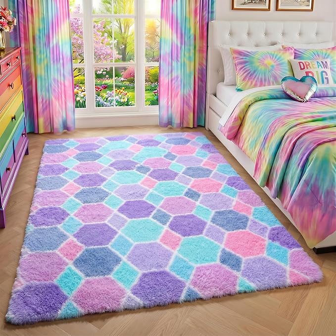 Checkered Purple Rainbow Area Rugs, Fluffy 5x8 Geometric Rug Girls Bedroom | - Image 6