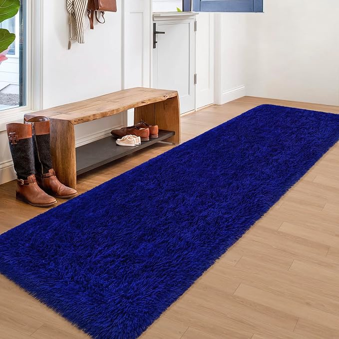 2x8 Bedside Area Rugs for Bedroom Soft Fluffy Shag Navy Blue Rug for Hallway - Image 2