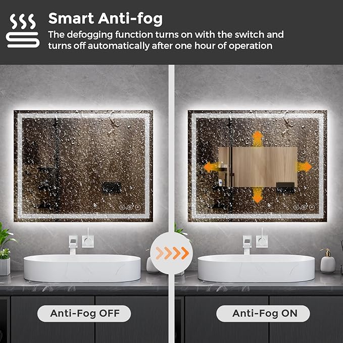 Koonmi 32x40 LED Bathroom Mirror, Backlit + Front Lit, LED Bathroom Mirror with Lights for Wall, 3 Colors, Anti-Fog, Dimmable Brightness, Memory Function, Tempered Glass