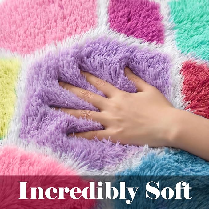 Checkered Pink Rainbow Area Rugs, Fluffy 5x8 Geometric Rug - Image 2